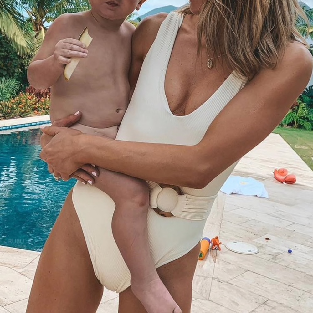 V-Neck Ribbed Belted One Piece Swimsuit - Picture 2 of 8